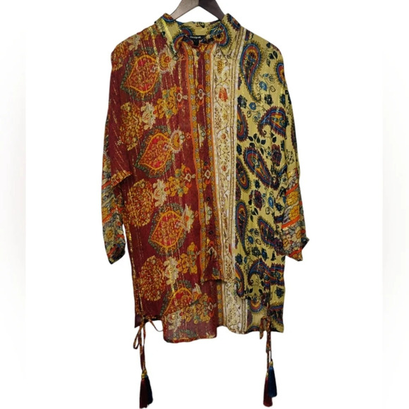 Desigual Boho Moroccan Paisley Sheer Blouse Tie Waist Tassels Button Down Large - Picture 2 of 16